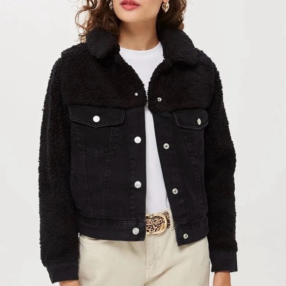 Topshop Jackets & Blazers - Top Shop | 4 | Black Jeans Jacket with Black Sherpa sleeves